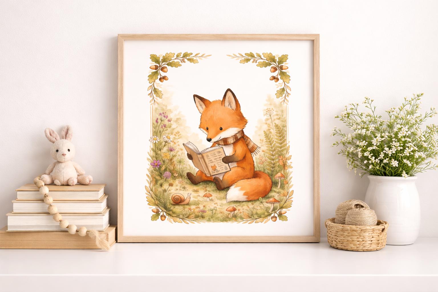 Cozy Woodland Fox Reading, Cottagecore Nursery Wall Art, Forest Animal Printable, Kids Reading Decor, Calm Storytime Art