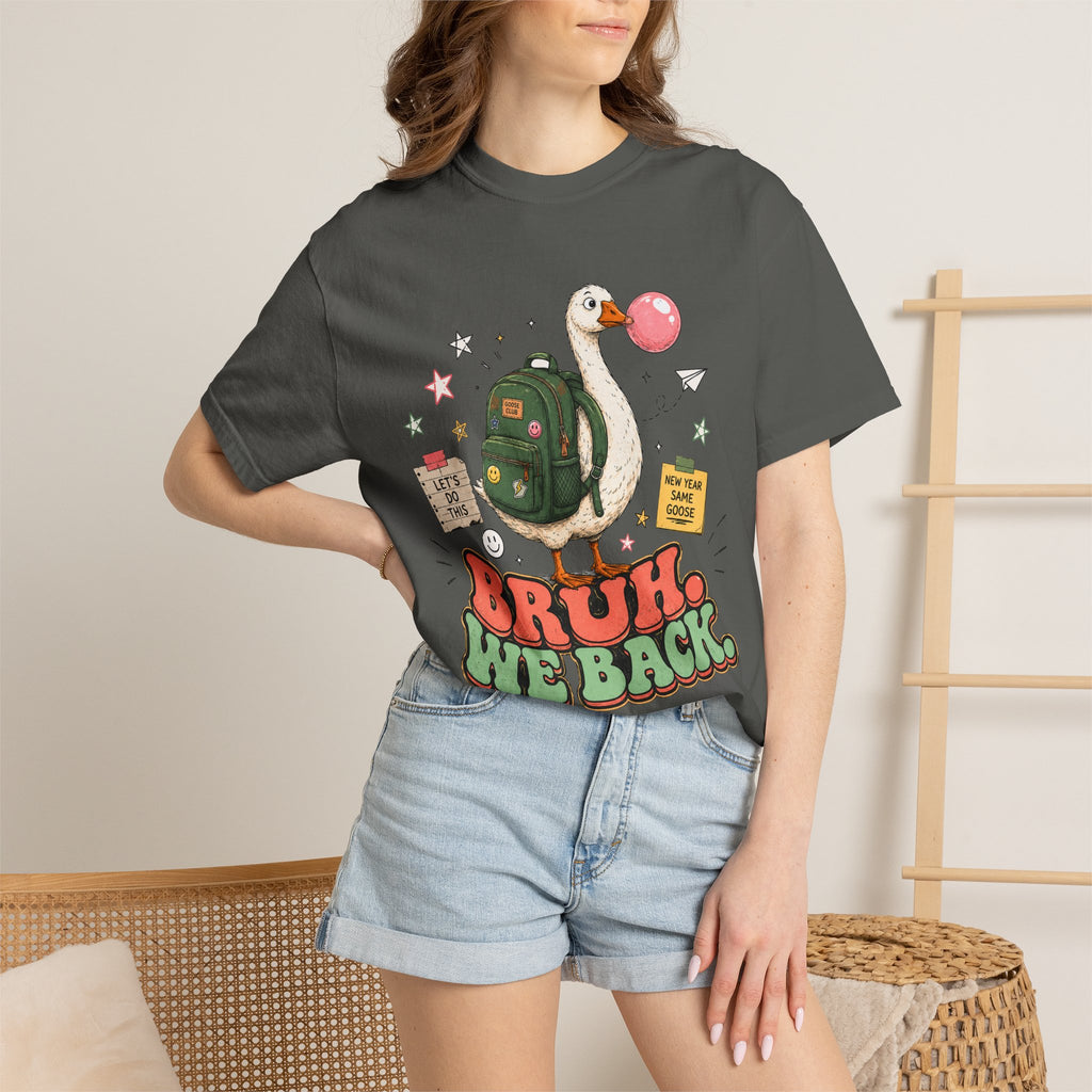 Bruh, We Back T-Shirt — Funny Duck Backpack Graphic Tee