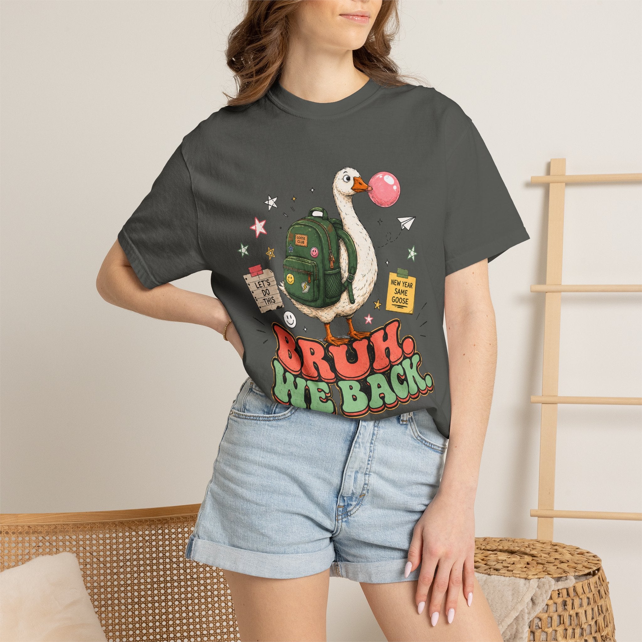 Bruh, We Back T-Shirt — Funny Duck Backpack Graphic Tee
