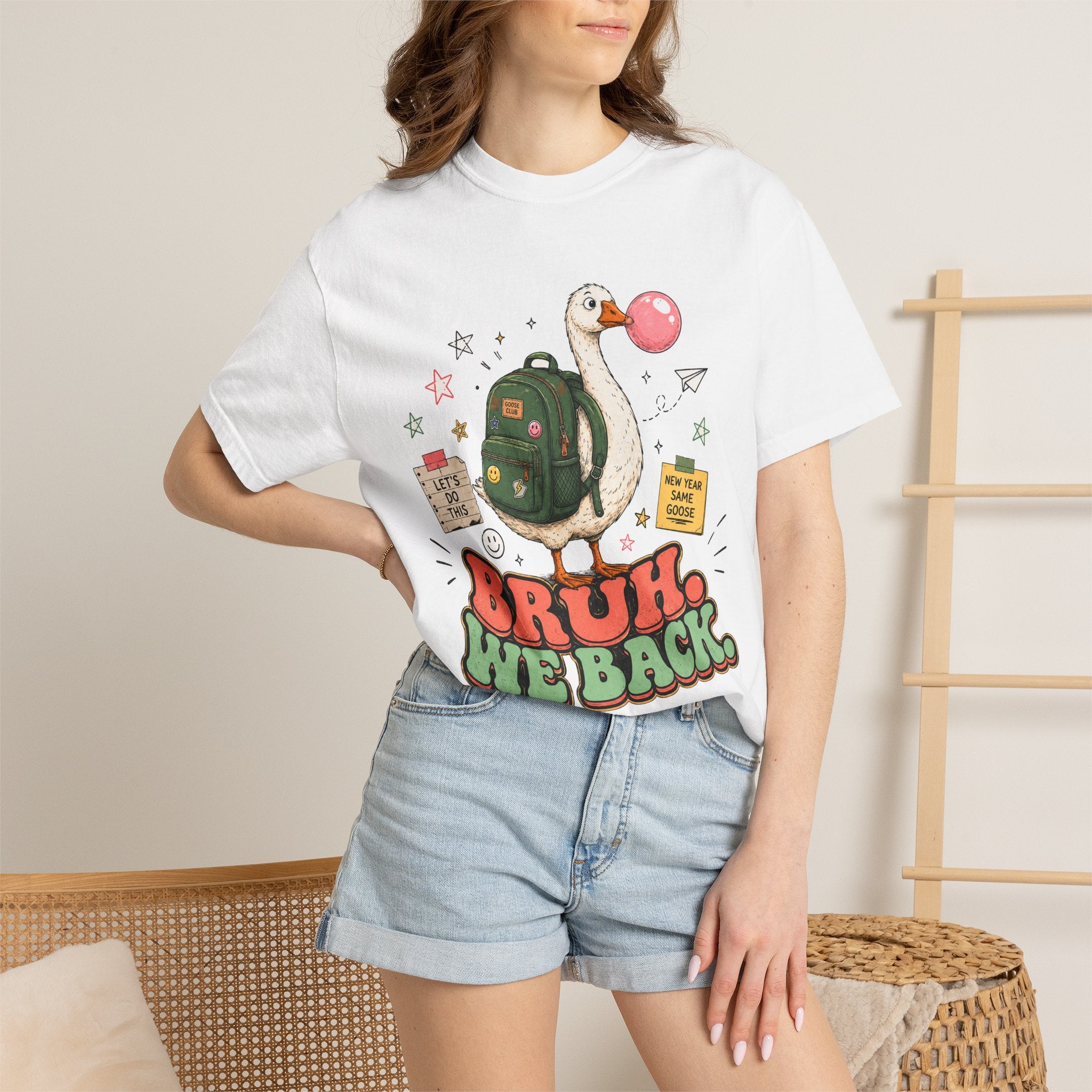 Bruh, We Back T-Shirt — Funny Duck Backpack Graphic Tee