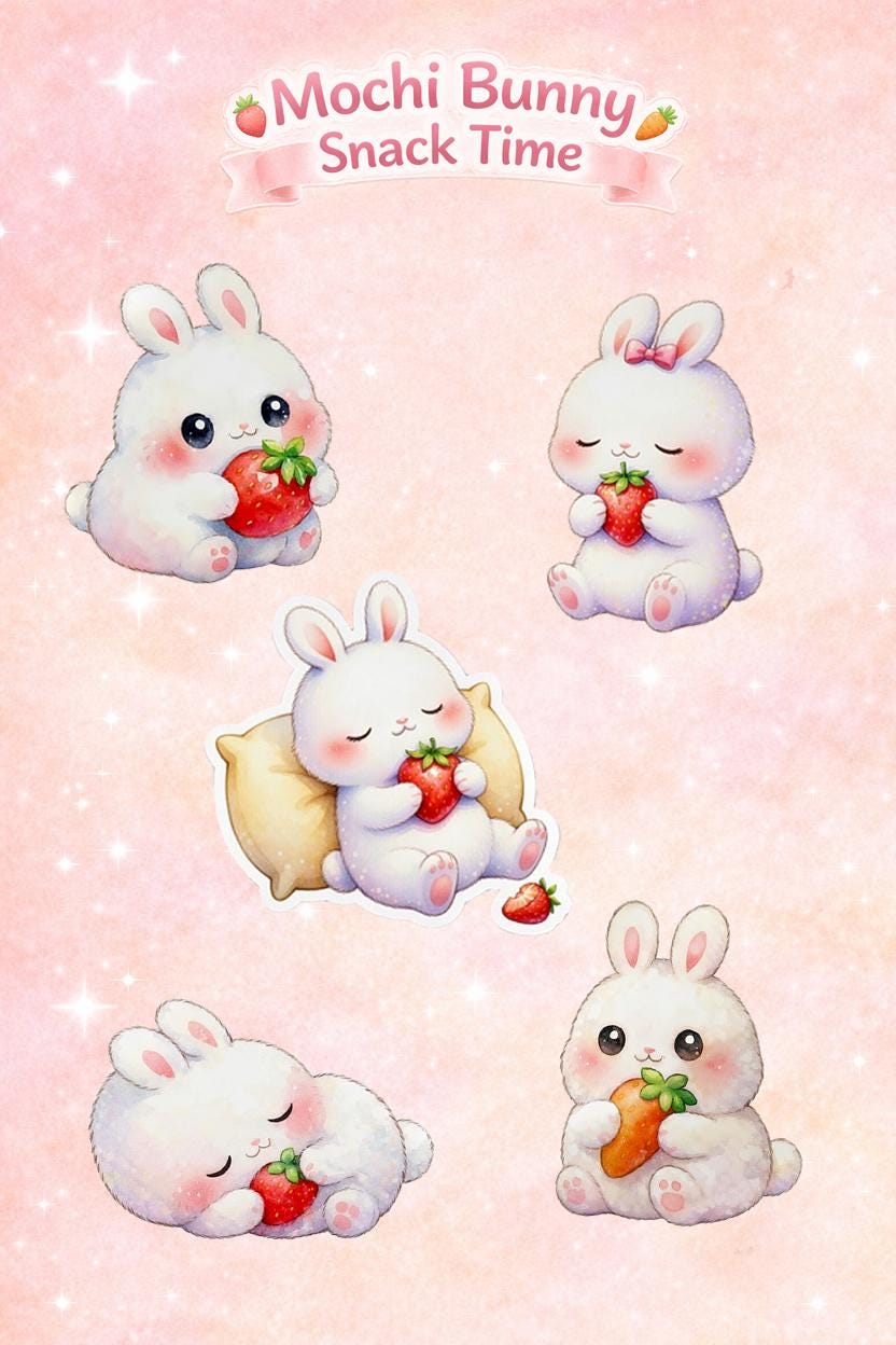 Mochi Bunny Watercolor Sticker Sheet • Kawaii Pastel Planner Bujo Decor