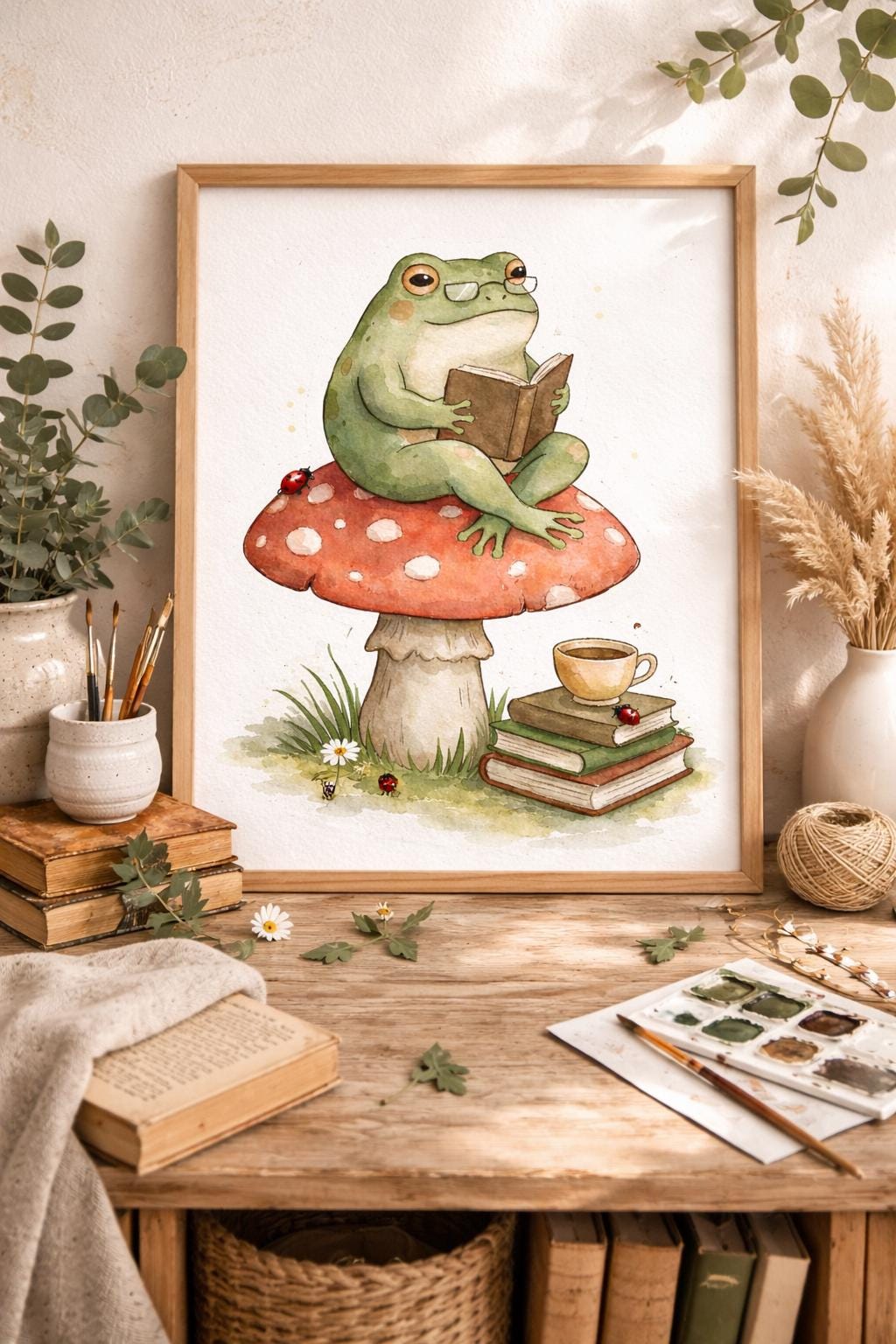 Whimsical Toad Reading Art Print, Cottagecore Frog Wall Art