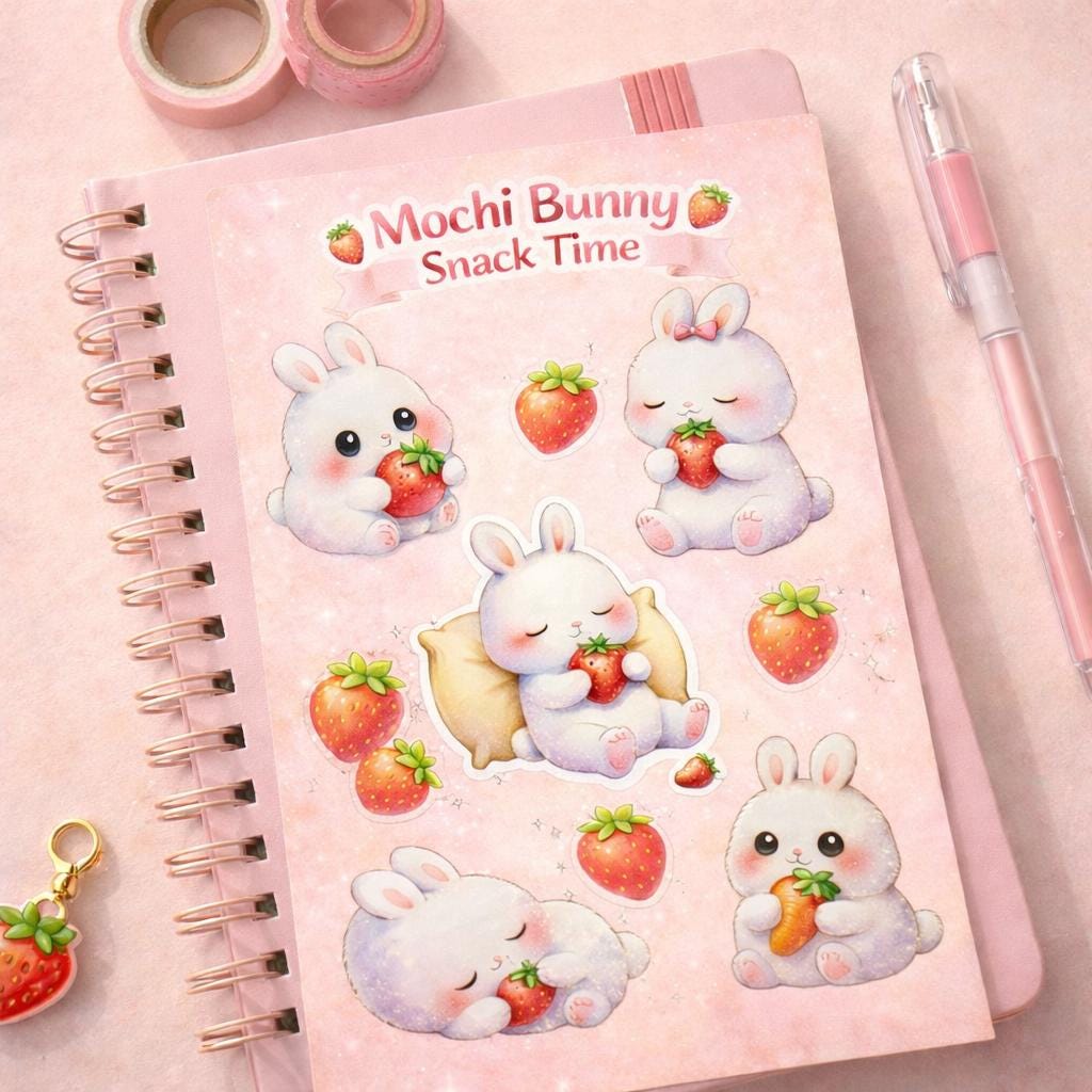Mochi Bunny Watercolor Sticker Sheet • Kawaii Pastel Planner Bujo Decor