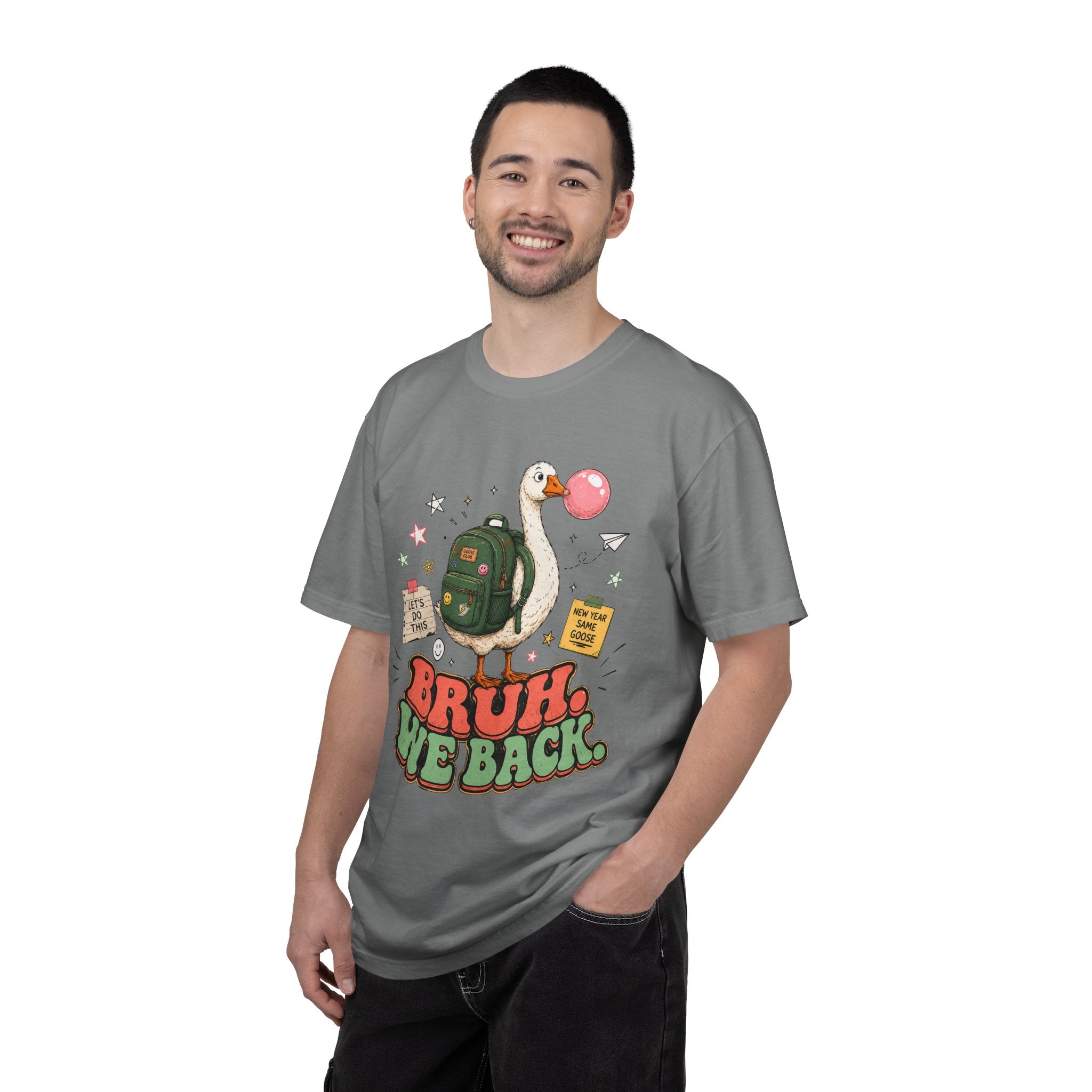 Bruh, We Back T-Shirt — Funny Duck Backpack Graphic Tee