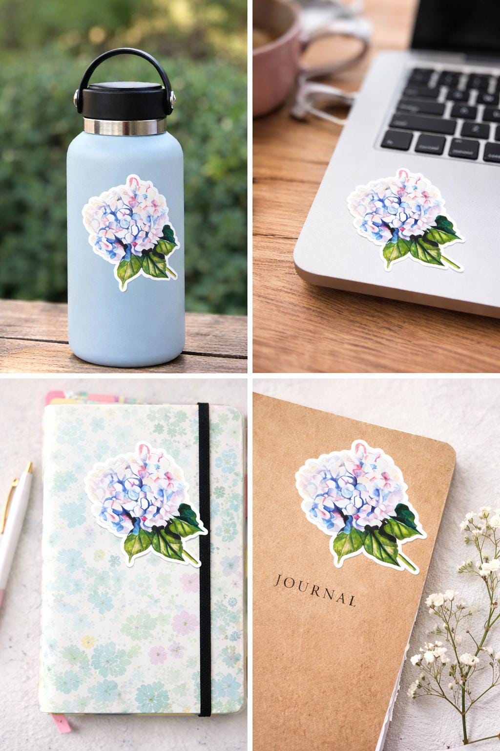 Hydrangea Sticker Flower – Blue & Lavender Vinyl, Botanical Flower Sticker