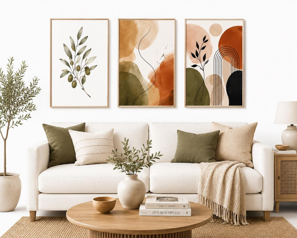 Set of 3 Botanical Abstract Prints, Neutral Beige Terracotta Olive Green Wall Art, Printable Japandi Gallery Wall Decor