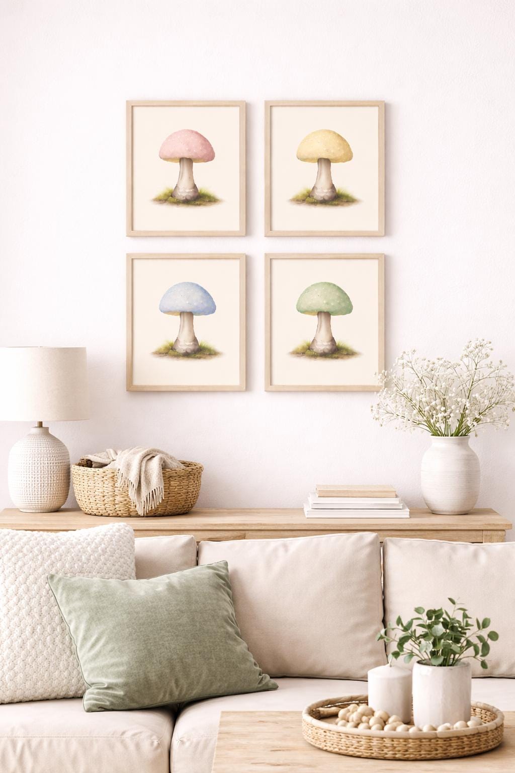 Neutral Mushroom Wall Art Set, Watercolor Botanical Prints for Nursery, Minimal Nature Decor, Soft Earth Tones, Instant Digital Download