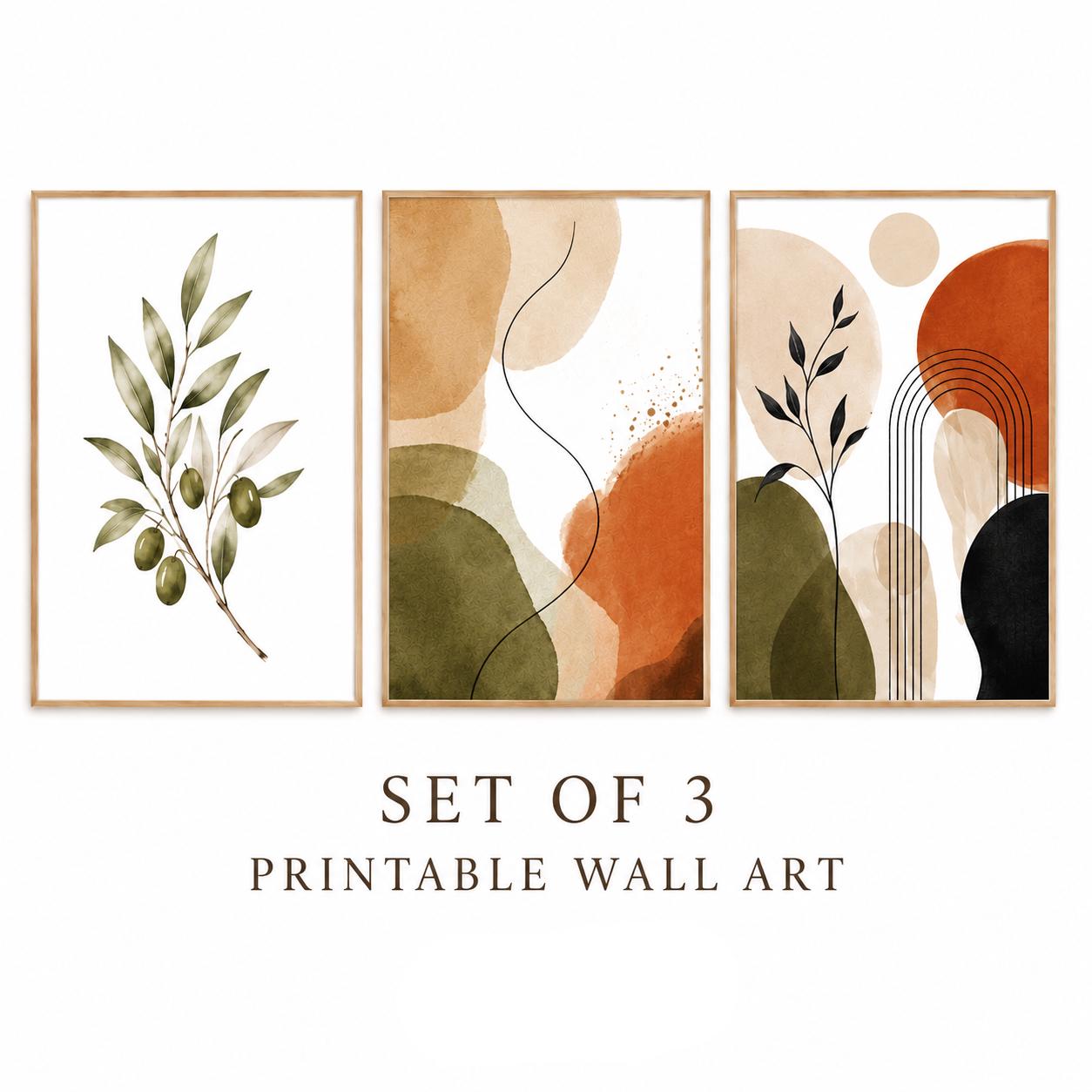 Set of 3 Botanical Abstract Prints, Neutral Beige Terracotta Olive Green Wall Art, Printable Japandi Gallery Wall Decor