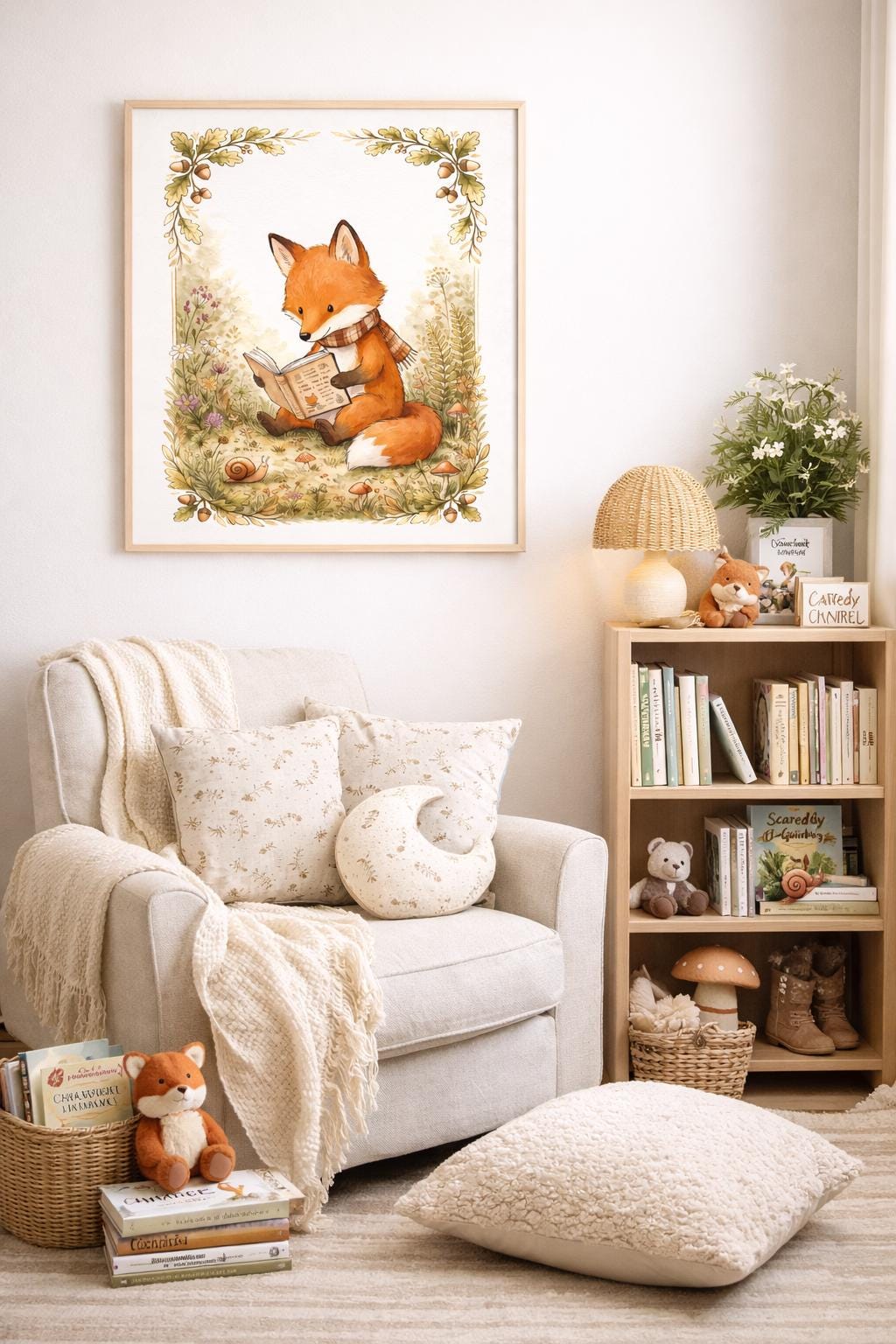 Cozy Woodland Fox Reading, Cottagecore Nursery Wall Art, Forest Animal Printable, Kids Reading Decor, Calm Storytime Art
