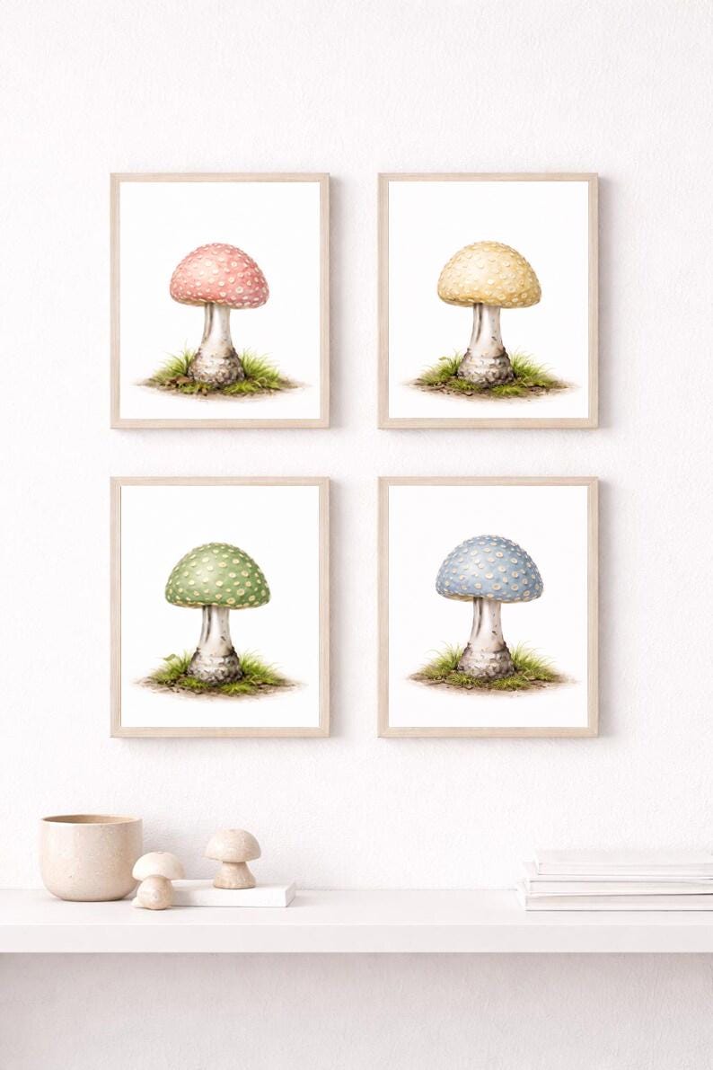 Neutral Mushroom Wall Art Set, Watercolor Botanical Prints for Nursery, Minimal Nature Decor, Soft Earth Tones, Instant Digital Download
