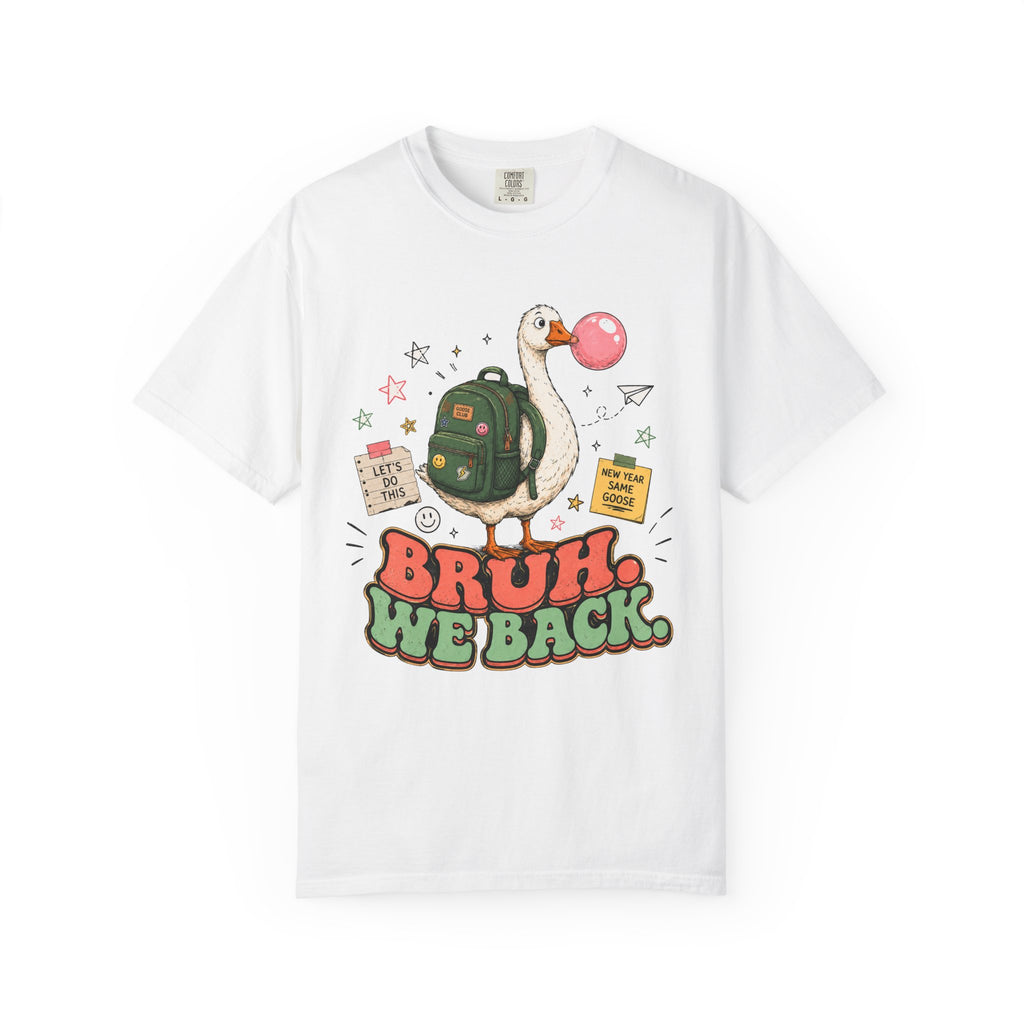 Bruh, We Back T-Shirt — Funny Duck Backpack Graphic Tee