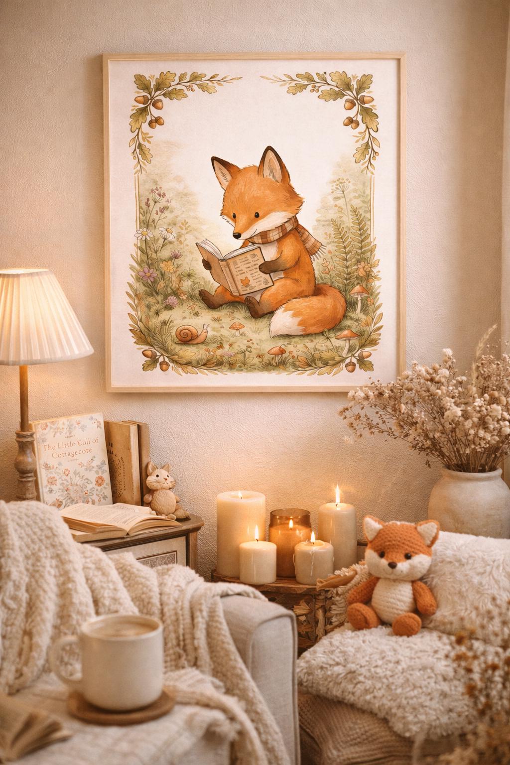 Cozy Woodland Fox Reading, Cottagecore Nursery Wall Art, Forest Animal Printable, Kids Reading Decor, Calm Storytime Art