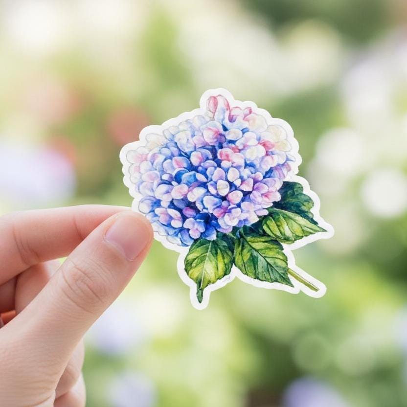 Hydrangea Sticker Flower – Blue & Lavender Vinyl, Botanical Flower Sticker