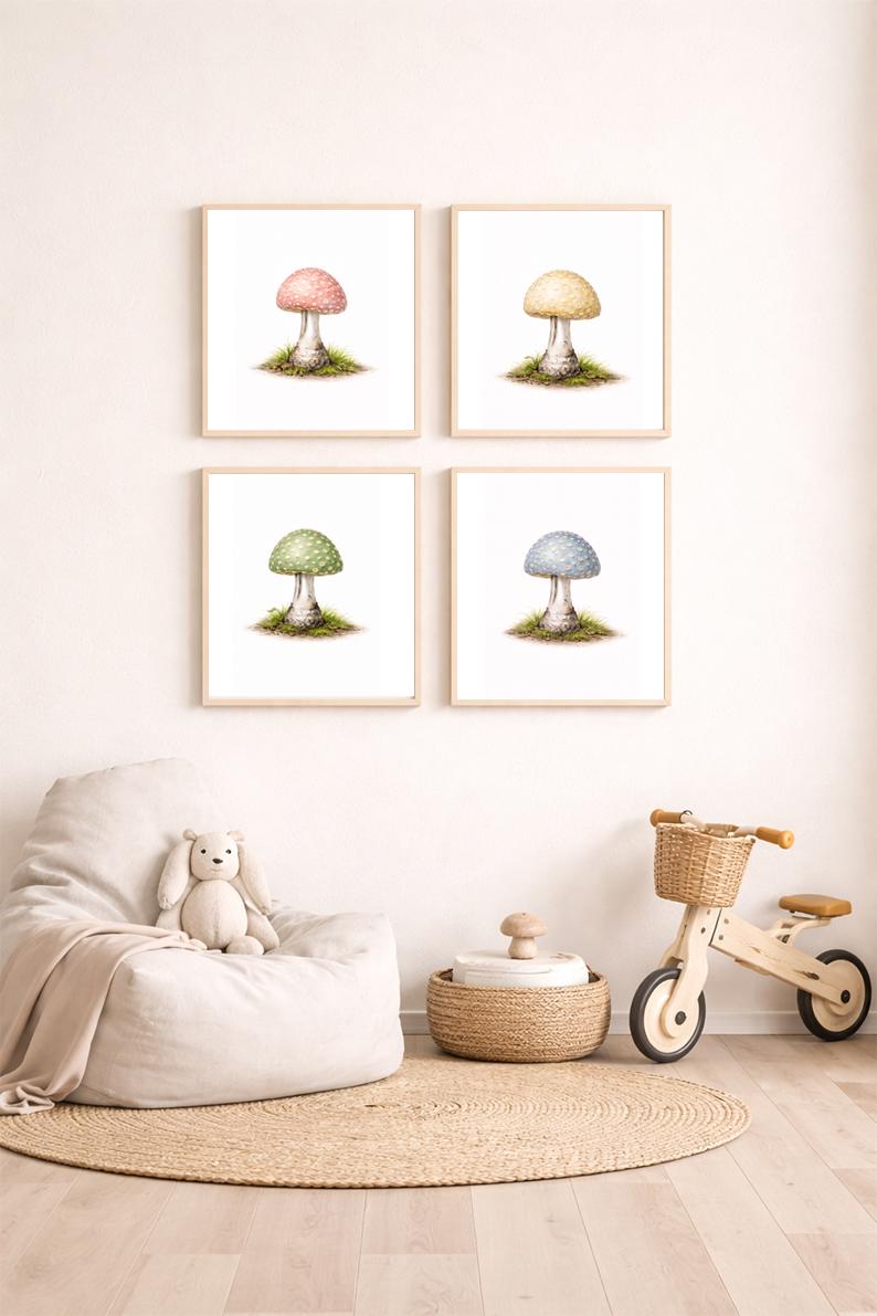 Neutral Mushroom Wall Art Set, Watercolor Botanical Prints for Nursery, Minimal Nature Decor, Soft Earth Tones, Instant Digital Download