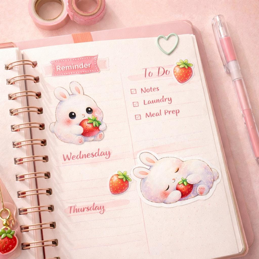 Mochi Bunny Watercolor Sticker Sheet • Kawaii Pastel Planner Bujo Decor