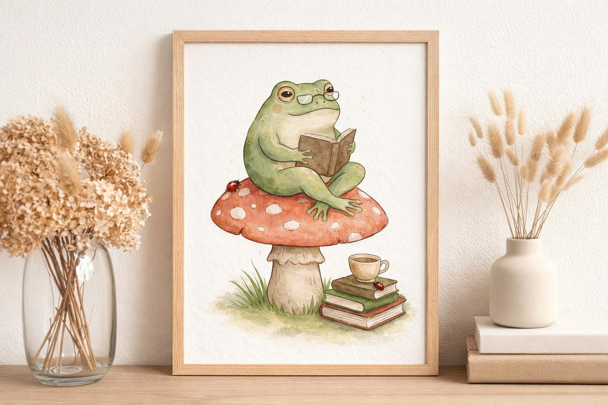 Whimsical Toad Reading Art Print, Cottagecore Frog Wall Art