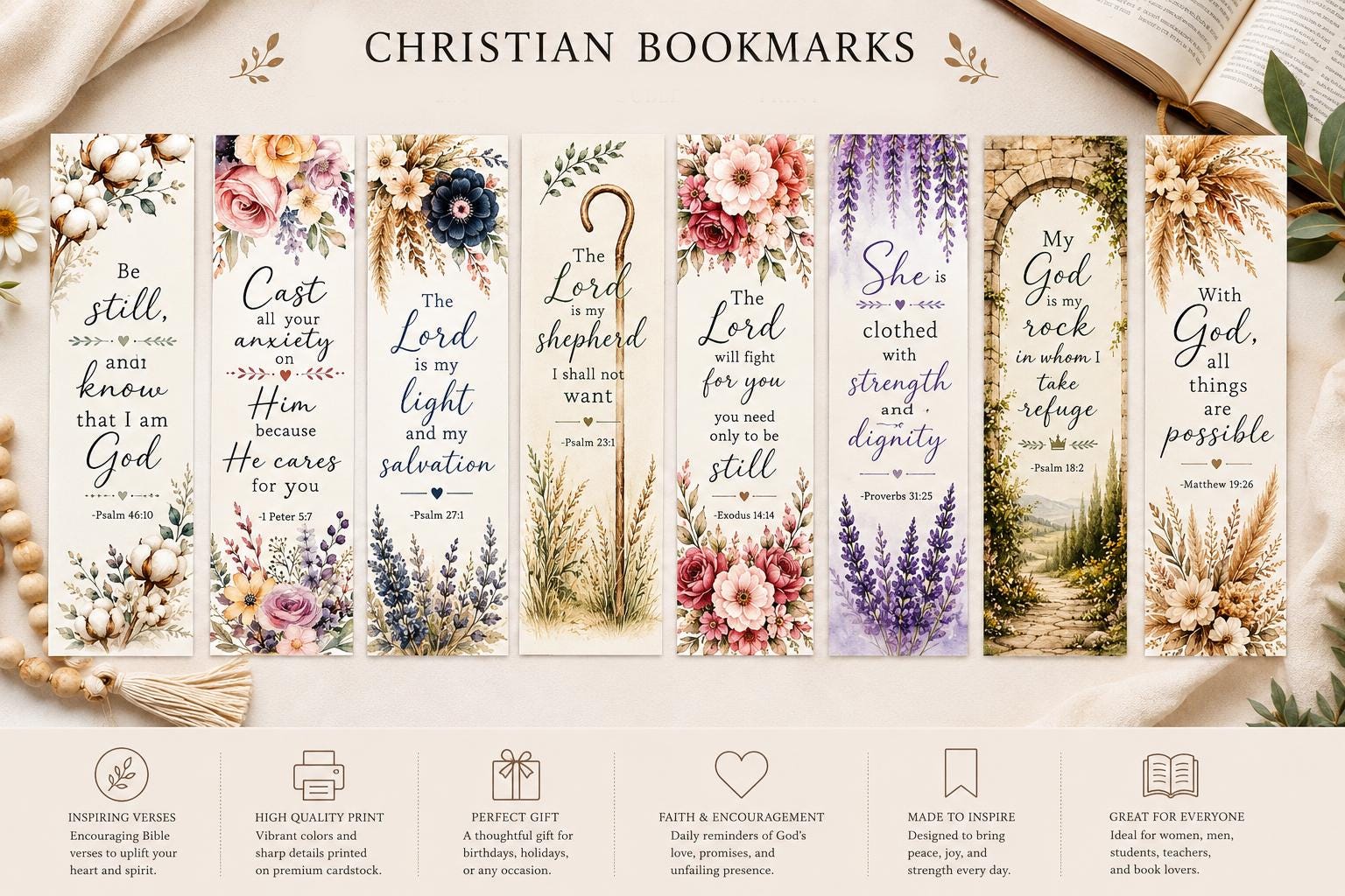 Christian Bible Verse Bookmarks, Handmade Scripture Gift for Women, Floral Faith Encouragement Bookmark Set