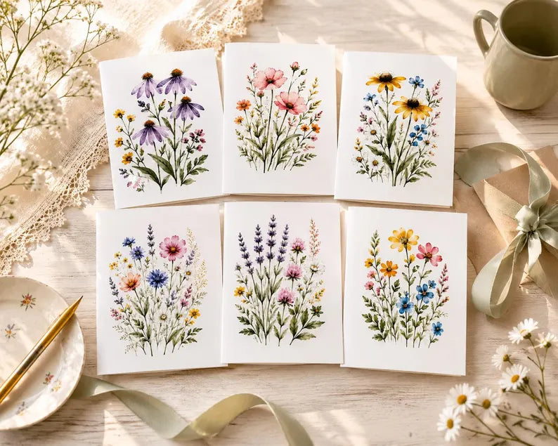 Watercolor Botanical Note Cards, Floral Greeting Cards, Wildflower Stationery Set