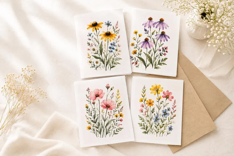 Watercolor Botanical Note Cards, Floral Greeting Cards, Wildflower Stationery Set