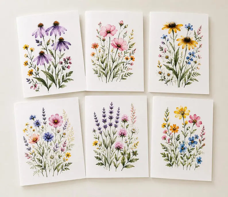 Watercolor Botanical Note Cards, Floral Greeting Cards, Wildflower Stationery Set