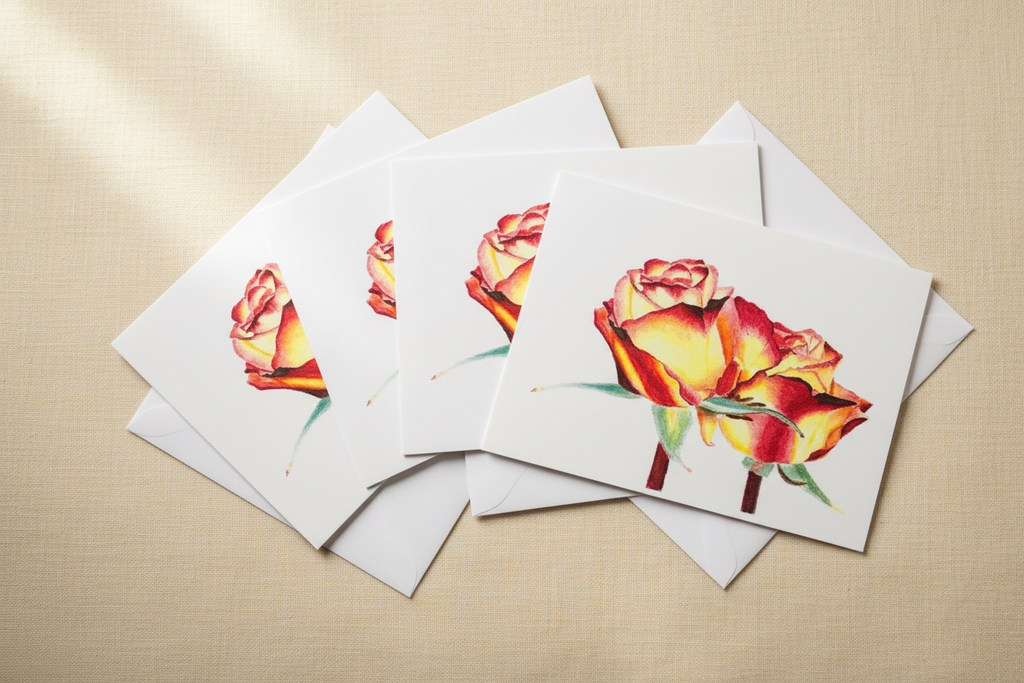Four greeting cards with the same red, yellow, and orange rose artwork and matching envelopes