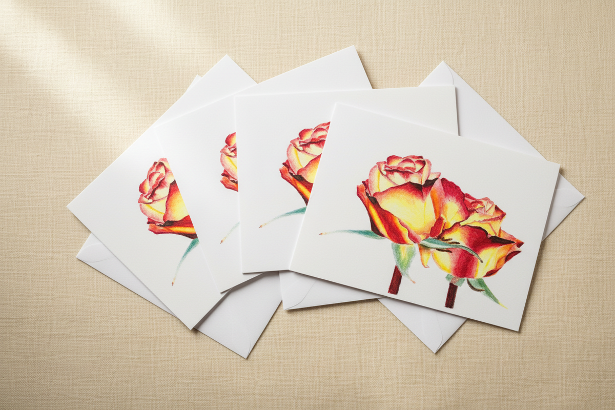 Four greeting cards with the same red, yellow, and orange rose artwork and matching envelopes