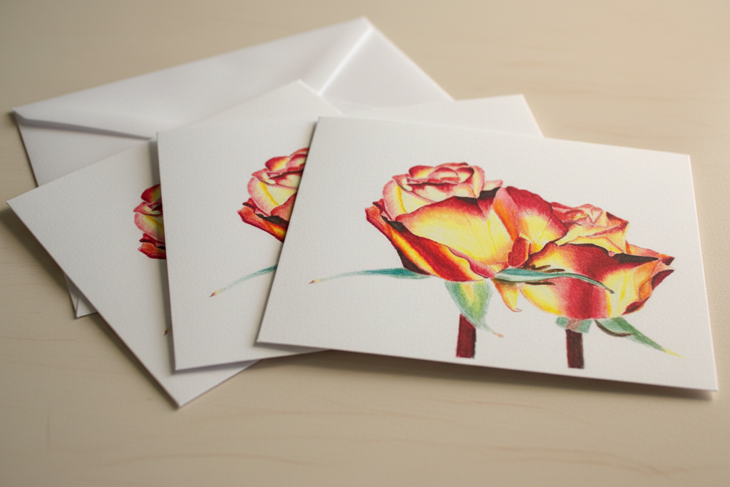 Close-up of greeting cards showing the red, yellow, and orange rose artwork and matte paper texture
